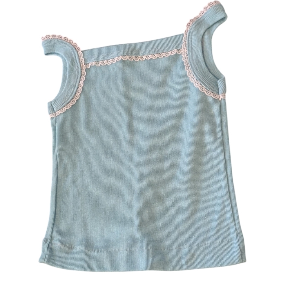 70s 80s Vintage Mayfair Pastel Blue Girls Tank Top With Lace Trim